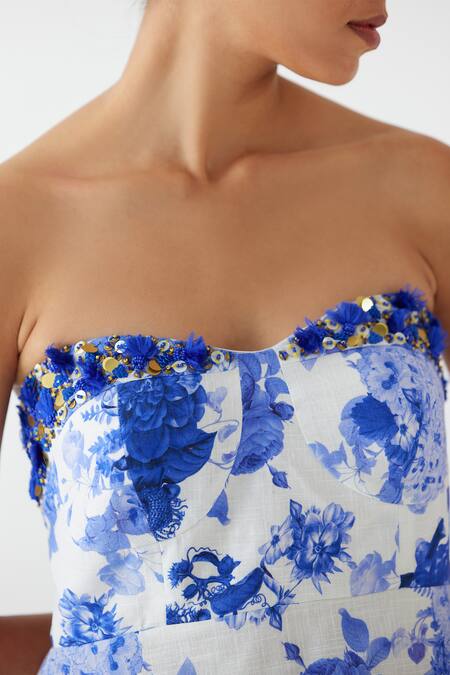 Buy_Studio Rigu_Blue Cotton Embroidery Off-shoulder Chinz Floral Print Tiered Dress _Online_at_Aza_Fashions