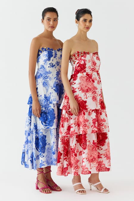 Shop_Studio Rigu_Blue Cotton Embroidery Off-shoulder Chinz Floral Print Tiered Dress _Online_at_Aza_Fashions