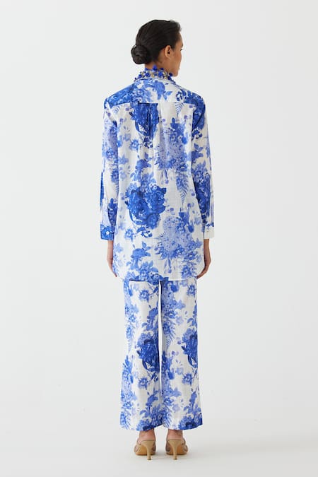 Shop Studio Rigu Blue Cotton Sequins, Fringe Collared Chinz Floral Print Shirt With Pant at Aza Fashions Shop_Studio Rigu_Blue Cotton Sequins, Fringe Collared Chinz Floral Print Shirt With Pant _at_Aza_Fashions