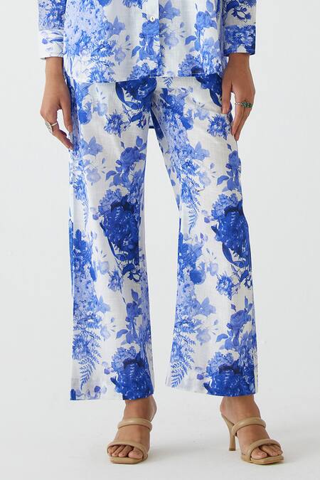 Studio Rigu Blue Cotton Sequins, Fringe Collared Chinz Floral Print Shirt With Pant Online at Aza Fashions Studio Rigu_Blue Cotton Sequins, Fringe Collared Chinz Floral Print Shirt With Pant _Online_at_Aza_Fashions