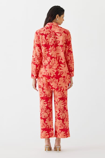 Shop Studio Rigu Red Cotton Embroidery, Sequins Collared Talon Printed High-low Shirt With Pant at Aza Fashions Shop_Studio Rigu_Red Cotton Embroidery, Sequins Collared Talon Printed High-low Shirt With Pant _at_Aza_Fashions