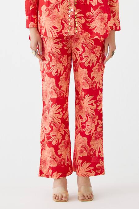 Studio Rigu Red Cotton Embroidery, Sequins Collared Talon Printed High-low Shirt With Pant Online at Aza Fashions Studio Rigu_Red Cotton Embroidery, Sequins Collared Talon Printed High-low Shirt With Pant _Online_at_Aza_Fashions