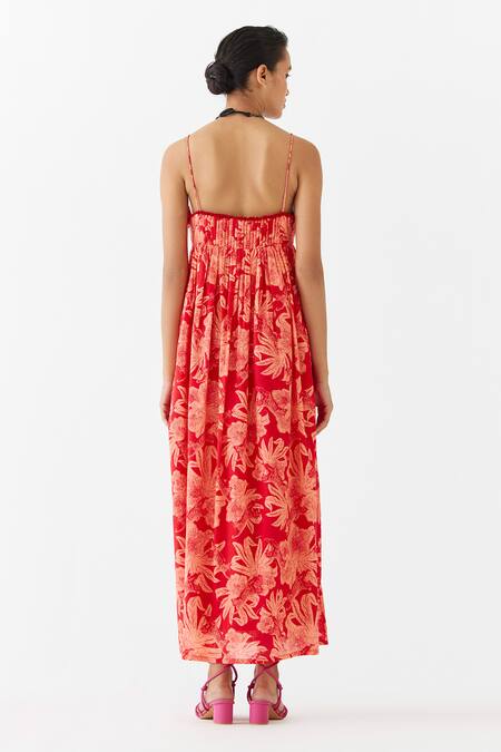 Shop Studio Rigu Red Cotton Square Neck Talon Tiger Print Strappy Dress at Aza Fashions Shop_Studio Rigu_Red Cotton Square Neck Talon Tiger Print Strappy Dress _at_Aza_Fashions