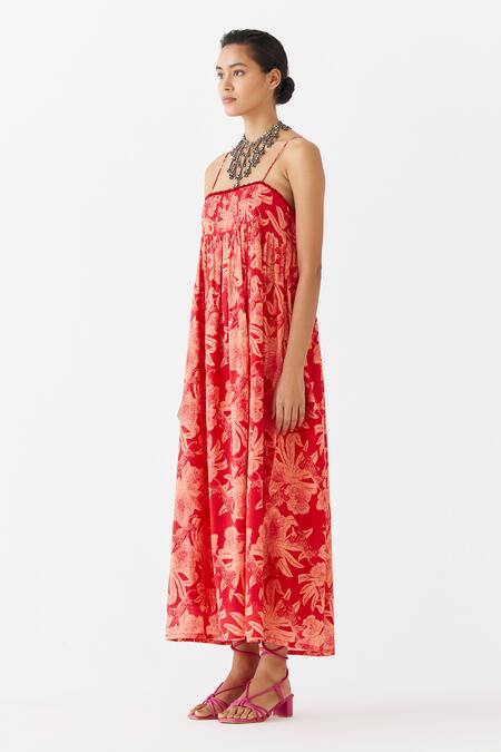 Studio Rigu Red Cotton Square Neck Talon Tiger Print Strappy Dress Online at Aza Fashions Studio Rigu_Red Cotton Square Neck Talon Tiger Print Strappy Dress _Online_at_Aza_Fashions