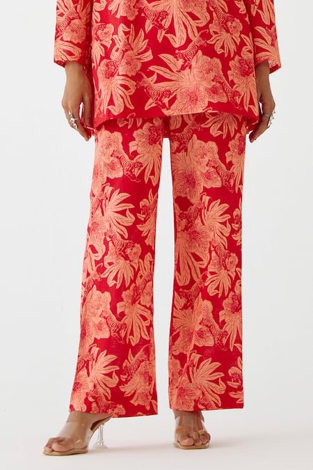 Studio Rigu Red Cotton Sequins, Fringe Round Neck Talon Tiger Print Short Kurta With Pant Online at Aza Fashions Studio Rigu_Red Cotton Sequins, Fringe Round Neck Talon Tiger Print Short Kurta With Pant _Online_at_Aza_Fashions