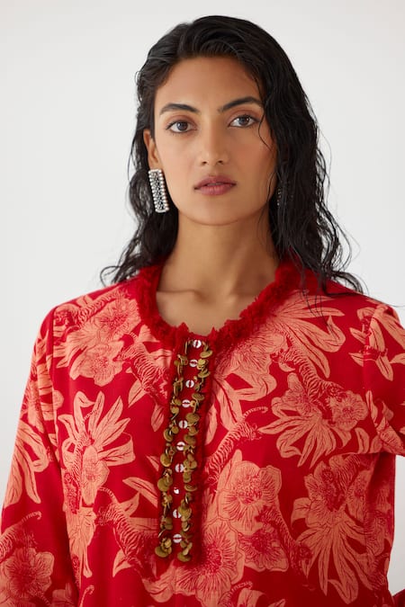 Buy Studio Rigu Red Cotton Sequins, Fringe Round Neck Talon Tiger Print Short Kurta With Pant Online at Aza Fashions Buy_Studio Rigu_Red Cotton Sequins, Fringe Round Neck Talon Tiger Print Short Kurta With Pant _Online_at_Aza_Fashions