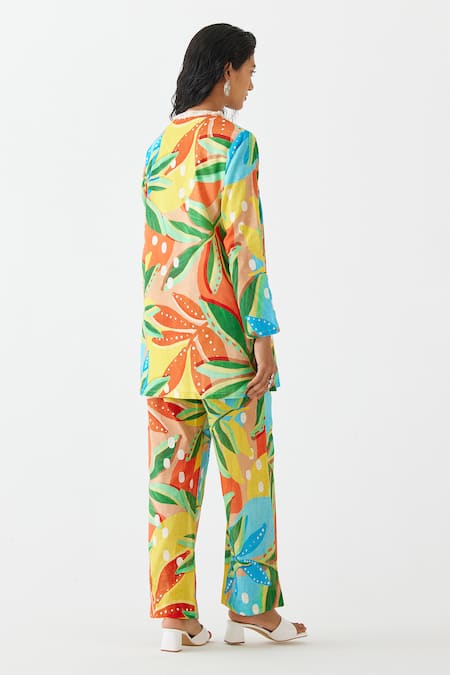 Shop Studio Rigu Multi Color Cotton Sequins, Fringe Round Gir Floral Print Short Kurta With Pant at Aza Fashions Shop_Studio Rigu_Multi Color Cotton Sequins, Fringe Round Gir Floral Print Short Kurta With Pant _at_Aza_Fashions