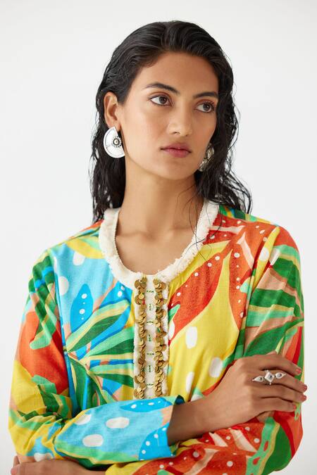 Buy Studio Rigu Multi Color Cotton Sequins, Fringe Round Gir Floral Print Short Kurta With Pant Online at Aza Fashions Buy_Studio Rigu_Multi Color Cotton Sequins, Fringe Round Gir Floral Print Short Kurta With Pant _Online_at_Aza_Fashions