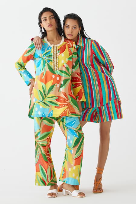 Shop Studio Rigu Multi Color Cotton Sequins, Fringe Round Gir Floral Print Short Kurta With Pant Online at Aza Fashions Shop_Studio Rigu_Multi Color Cotton Sequins, Fringe Round Gir Floral Print Short Kurta With Pant _Online_at_Aza_Fashions