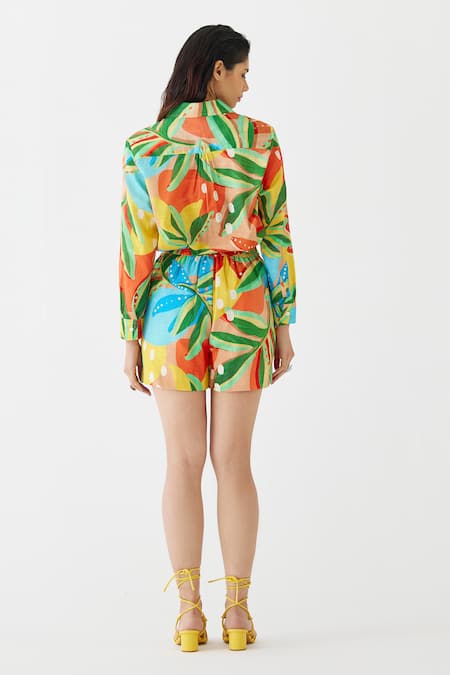 Shop Studio Rigu Multi Color Cotton Fringe Collared Gir Floral Print Shirt With Shorts at Aza Fashions Shop_Studio Rigu_Multi Color Cotton Fringe Collared Gir Floral Print Shirt With Shorts _at_Aza_Fashions