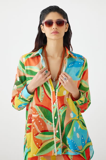 Studio Rigu Multi Color Cotton Fringe Collared Gir Floral Print Shirt With Shorts Online at Aza Fashions Studio Rigu_Multi Color Cotton Fringe Collared Gir Floral Print Shirt With Shorts _Online_at_Aza_Fashions