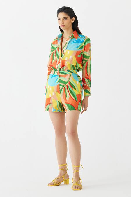 Buy Studio Rigu Multi Color Cotton Fringe Collared Gir Floral Print Shirt With Shorts Online at Aza Fashions Buy_Studio Rigu_Multi Color Cotton Fringe Collared Gir Floral Print Shirt With Shorts _Online_at_Aza_Fashions