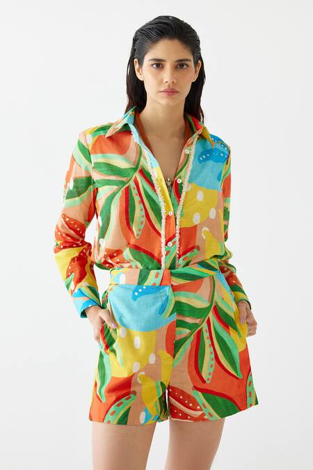 Shop Studio Rigu Multi Color Cotton Fringe Collared Gir Floral Print Shirt With Shorts Online at Aza Fashions Shop_Studio Rigu_Multi Color Cotton Fringe Collared Gir Floral Print Shirt With Shorts _Online_at_Aza_Fashions