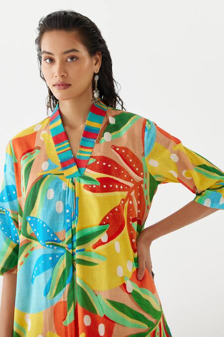 Studio Rigu Multi Color Cotton Embroidery, Sequins V-neck Gir Floral Print Kurta With Pant Online at Aza Fashions Studio Rigu_Multi Color Cotton Embroidery, Sequins V-neck Gir Floral Print Kurta With Pant _Online_at_Aza_Fashions