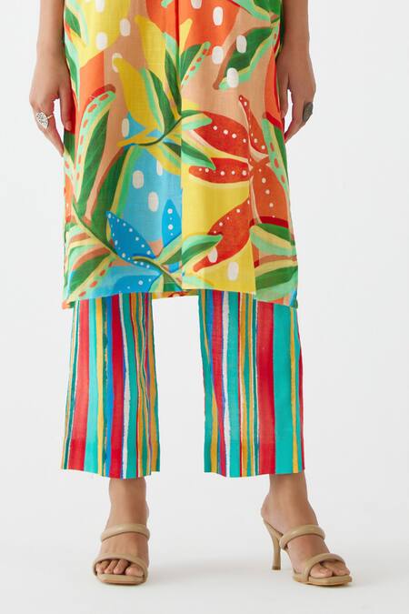 Buy Studio Rigu Multi Color Cotton Embroidery, Sequins V-neck Gir Floral Print Kurta With Pant Online at Aza Fashions Buy_Studio Rigu_Multi Color Cotton Embroidery, Sequins V-neck Gir Floral Print Kurta With Pant _Online_at_Aza_Fashions