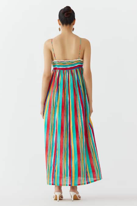Shop Studio Rigu Multi Color Cotton Square Neck Birch Stripe Print Strappy Dress at Aza Fashions Shop_Studio Rigu_Multi Color Cotton Square Neck Birch Stripe Print Strappy Dress _at_Aza_Fashions