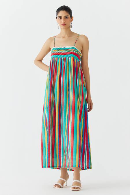 Studio Rigu Multi Color Cotton Square Neck Birch Stripe Print Strappy Dress Online at Aza Fashions Studio Rigu_Multi Color Cotton Square Neck Birch Stripe Print Strappy Dress _Online_at_Aza_Fashions