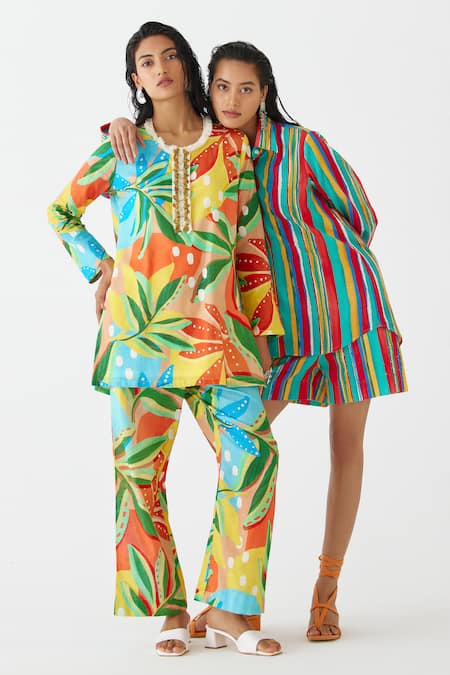 Studio Rigu Multi Color Cotton Collared Birch Stripe Print Shirt With Shorts Online at Aza Fashions Studio Rigu_Multi Color Cotton Collared Birch Stripe Print Shirt With Shorts _Online_at_Aza_Fashions