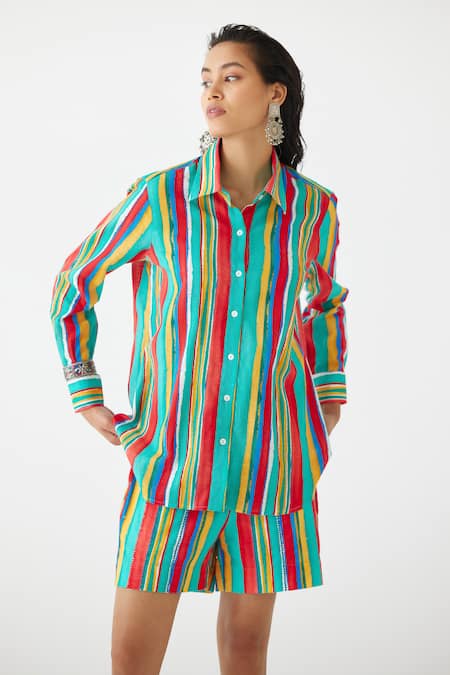 Buy Studio Rigu Multi Color Cotton Collared Birch Stripe Print Shirt With Shorts Online at Aza Fashions Buy_Studio Rigu_Multi Color Cotton Collared Birch Stripe Print Shirt With Shorts _Online_at_Aza_Fashions