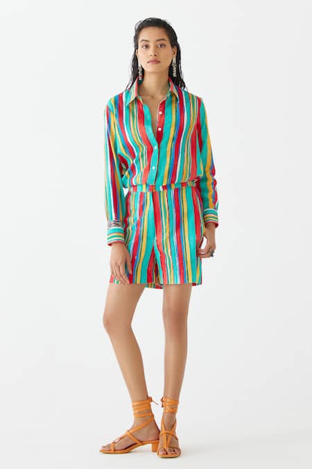 Shop Studio Rigu Multi Color Cotton Collared Birch Stripe Print Shirt With Shorts Online at Aza Fashions Shop_Studio Rigu_Multi Color Cotton Collared Birch Stripe Print Shirt With Shorts _Online_at_Aza_Fashions