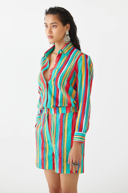 Studio Rigu Multi Color Cotton Collared Birch Stripe Print Shirt With Shorts at Aza Fashions Studio Rigu_Multi Color Cotton Collared Birch Stripe Print Shirt With Shorts _at_Aza_Fashions