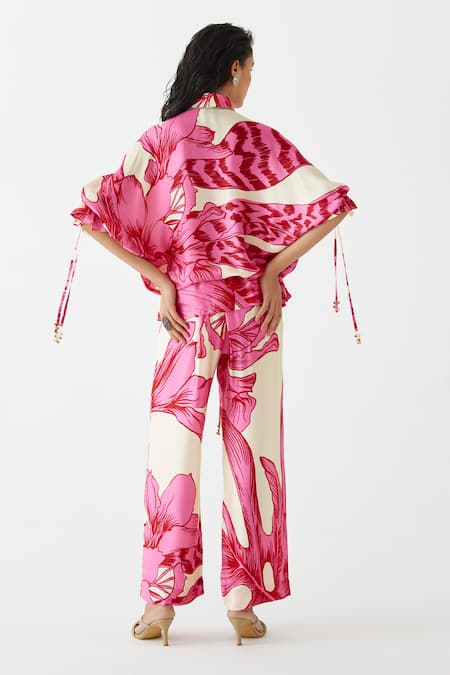 Shop Studio Rigu Pink Viscose, Silk Embroidery Collared Aphrodite Floral Print Shirt With Pant at Aza Fashions Shop_Studio Rigu_Pink Viscose, Silk Embroidery Collared Aphrodite Floral Print Shirt With Pant _at_Aza_Fashions