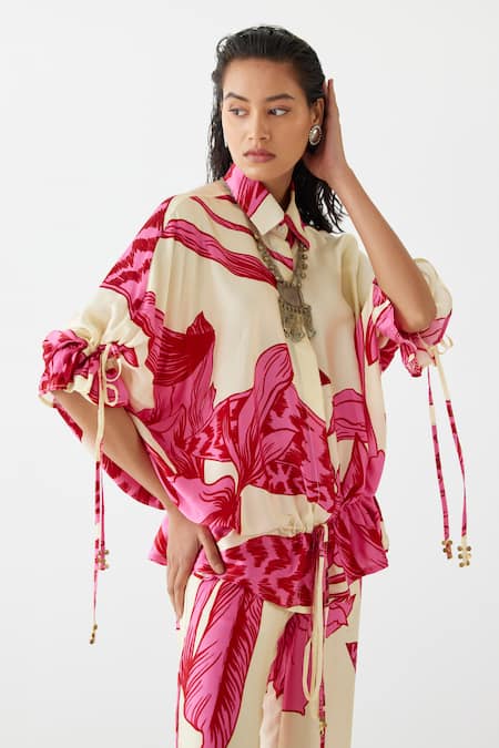 Buy Studio Rigu Pink Viscose, Silk Embroidery Collared Aphrodite Floral Print Shirt With Pant Online at Aza Fashions Buy_Studio Rigu_Pink Viscose, Silk Embroidery Collared Aphrodite Floral Print Shirt With Pant _Online_at_Aza_Fashions