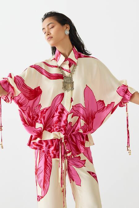 Shop Studio Rigu Pink Viscose, Silk Embroidery Collared Aphrodite Floral Print Shirt With Pant Online at Aza Fashions Shop_Studio Rigu_Pink Viscose, Silk Embroidery Collared Aphrodite Floral Print Shirt With Pant _Online_at_Aza_Fashions