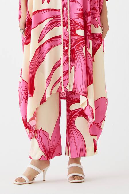 Studio Rigu_Pink Velvet, Silk Fringe Collared Aphrodite Floral Print Kimono With Pant _Online_at_Aza_Fashions