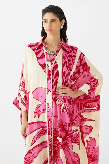 Shop_Studio Rigu_Pink Velvet, Silk Fringe Collared Aphrodite Floral Print Kimono With Pant _Online_at_Aza_Fashions