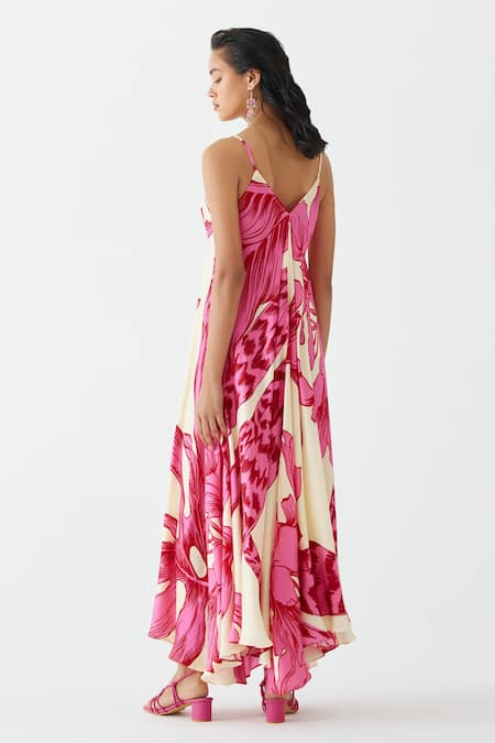 Shop Studio Rigu Pink Velvet, Silk V-neck Aphrodite Floral Print Strappy Dress at Aza Fashions Shop_Studio Rigu_Pink Velvet, Silk V-neck Aphrodite Floral Print Strappy Dress _at_Aza_Fashions
