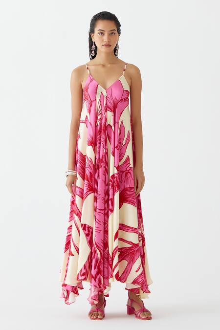 Studio Rigu Pink Velvet, Silk V-neck Aphrodite Floral Print Strappy Dress Online at Aza Fashions Studio Rigu_Pink Velvet, Silk V-neck Aphrodite Floral Print Strappy Dress _Online_at_Aza_Fashions