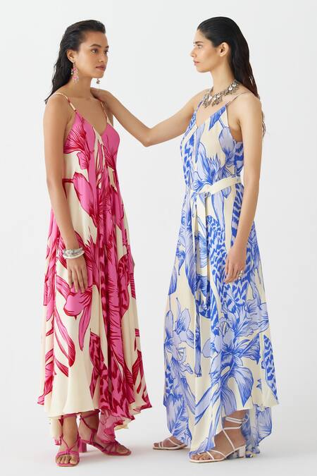 Shop Studio Rigu Pink Velvet, Silk V-neck Aphrodite Floral Print Strappy Dress Online at Aza Fashions Shop_Studio Rigu_Pink Velvet, Silk V-neck Aphrodite Floral Print Strappy Dress _Online_at_Aza_Fashions