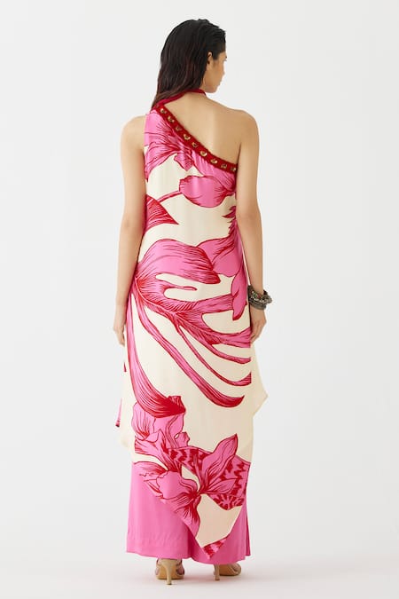 Shop Studio Rigu Pink Velvet, Silk Fringe, Embroidery Aphrodite Print Vegan Tunic With Pant at Aza Fashions Shop_Studio Rigu_Pink Velvet, Silk Fringe, Embroidery Aphrodite Print Vegan Tunic With Pant _at_Aza_Fashions