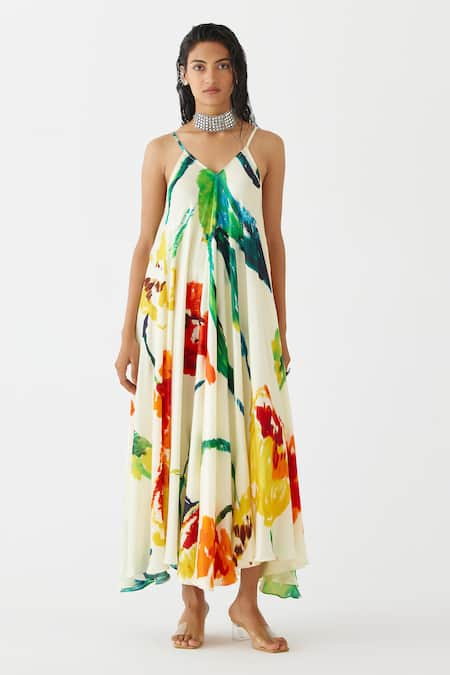 Studio Rigu Multi Color Vegan Silk Print Monet V Neck Strappy Dress 