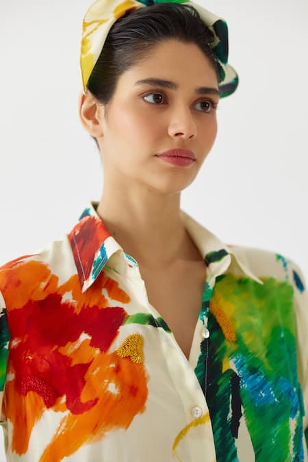 Buy_Studio Rigu_Multi Color Velour, Silk Collared Monet Print Shirt With Pant _Online_at_Aza_Fashions