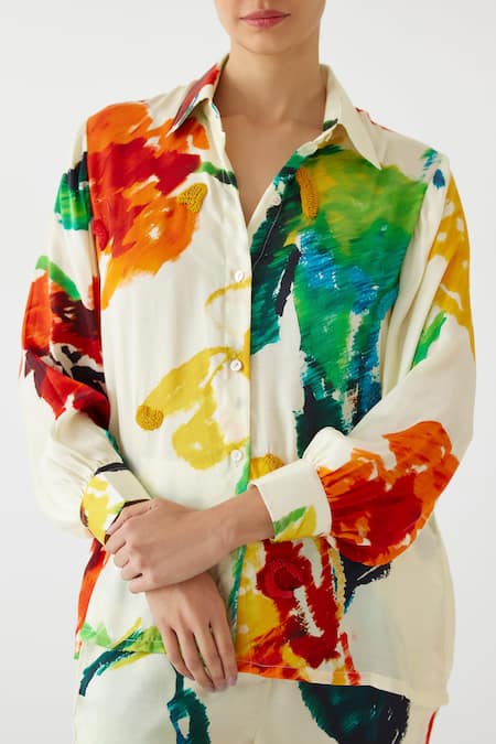 Shop_Studio Rigu_Multi Color Velour, Silk Collared Monet Print Shirt With Pant _Online_at_Aza_Fashions