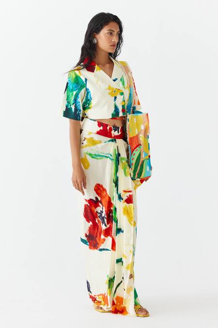 Studio Rigu_Multi Color Velvet, Silk Embroidery Monet Print Blazer With Draped Skirt _Online_at_Aza_Fashions