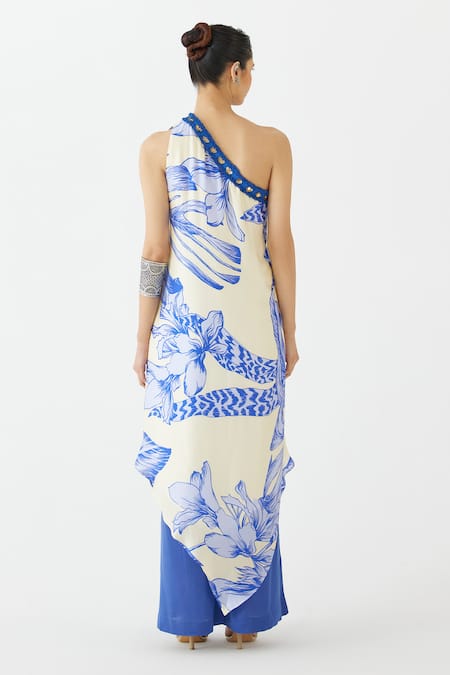 Shop Studio Rigu Blue Velvet, Velour Embroidery Vegan Silk Aphrodite Print Tunic With Pant at Aza Fashions Shop_Studio Rigu_Blue Velvet, Velour Embroidery Vegan Silk Aphrodite Print Tunic With Pant _at_Aza_Fashions