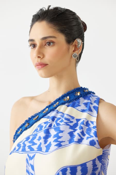 Shop Studio Rigu Blue Velvet, Velour Embroidery Vegan Silk Aphrodite Print Tunic With Pant Online at Aza Fashions Shop_Studio Rigu_Blue Velvet, Velour Embroidery Vegan Silk Aphrodite Print Tunic With Pant _Online_at_Aza_Fashions