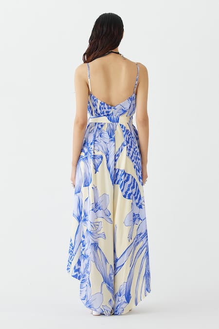 Shop Studio Rigu Blue V-neck Vegan Silk Aphrodite Print Jumpsuit With Belt at Aza Fashions Shop_Studio Rigu_Blue V-neck Vegan Silk Aphrodite Print Jumpsuit With Belt _at_Aza_Fashions