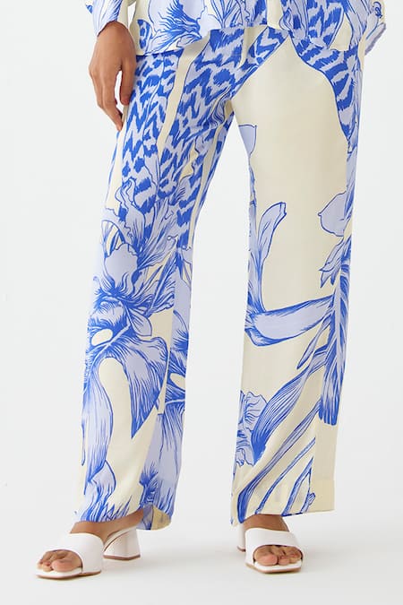 Studio Rigu_Blue Velvet Sequins, Embroidery Vegan Silk Aphrodite Print Shirt With Trouser _Online_at_Aza_Fashions