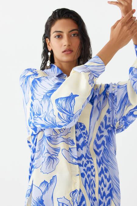 Buy_Studio Rigu_Blue Velvet Sequins, Embroidery Vegan Silk Aphrodite Print Shirt With Trouser _Online_at_Aza_Fashions