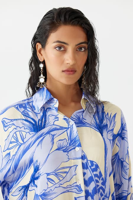 Shop_Studio Rigu_Blue Velvet Sequins, Embroidery Vegan Silk Aphrodite Print Shirt With Trouser _Online_at_Aza_Fashions