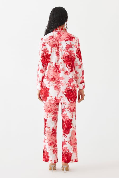 Shop Studio Rigu Red Cotton Embroidery Collared Floral Chintz Print Shirt With Pant at Aza Fashions Shop_Studio Rigu_Red Cotton Embroidery Collared Floral Chintz Print Shirt With Pant _at_Aza_Fashions