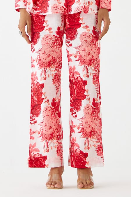 Studio Rigu Red Cotton Embroidery Collared Floral Chintz Print Shirt With Pant Online at Aza Fashions Studio Rigu_Red Cotton Embroidery Collared Floral Chintz Print Shirt With Pant _Online_at_Aza_Fashions