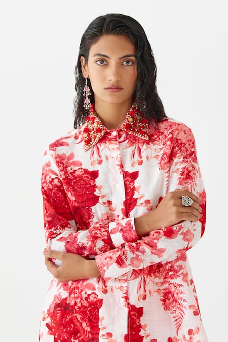 Buy Studio Rigu Red Cotton Embroidery Collared Floral Chintz Print Shirt With Pant Online at Aza Fashions Buy_Studio Rigu_Red Cotton Embroidery Collared Floral Chintz Print Shirt With Pant _Online_at_Aza_Fashions