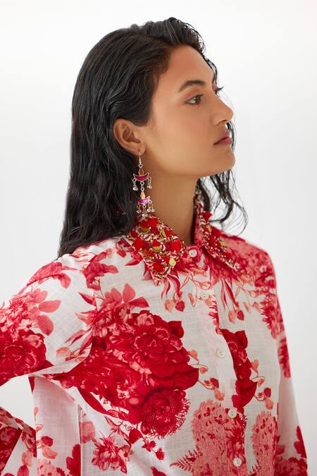 Shop Studio Rigu Red Cotton Embroidery Collared Floral Chintz Print Shirt With Pant Online at Aza Fashions Shop_Studio Rigu_Red Cotton Embroidery Collared Floral Chintz Print Shirt With Pant _Online_at_Aza_Fashions