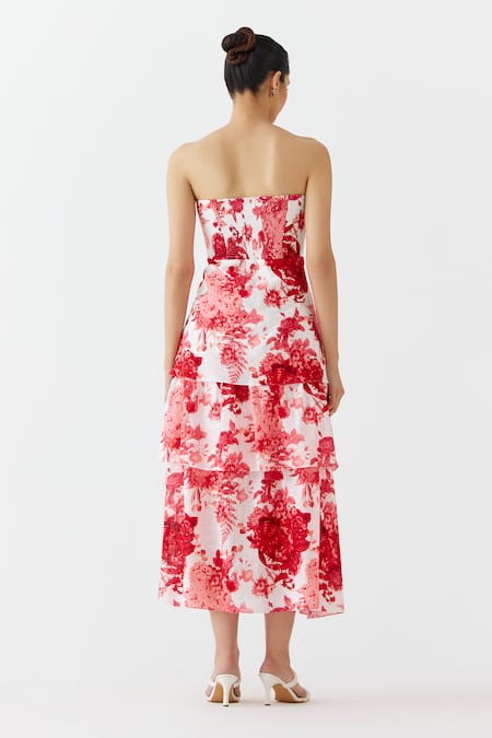 Shop Studio Rigu Red Cotton Sequins, Tassels Off-shoulder Floral Chintz Print Tiered Dress at Aza Fashions Shop_Studio Rigu_Red Cotton Sequins, Tassels Off-shoulder Floral Chintz Print Tiered Dress _at_Aza_Fashions