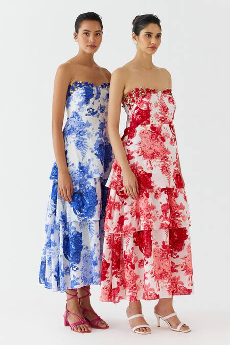 Studio Rigu Red Cotton Sequins, Tassels Off-shoulder Floral Chintz Print Tiered Dress Online at Aza Fashions Studio Rigu_Red Cotton Sequins, Tassels Off-shoulder Floral Chintz Print Tiered Dress _Online_at_Aza_Fashions